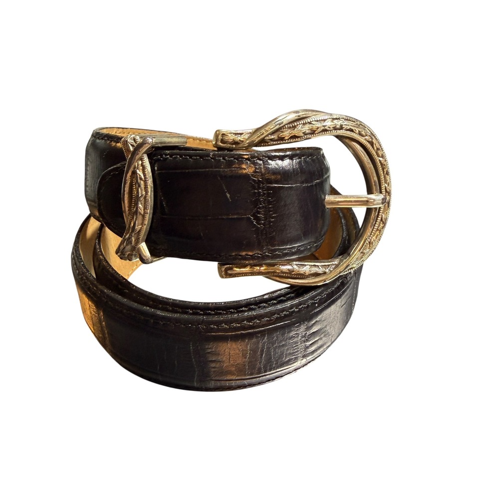 Brighton Black Embossed Leather Belt‎ Horseshoe Buckle Western Size Medium VTG